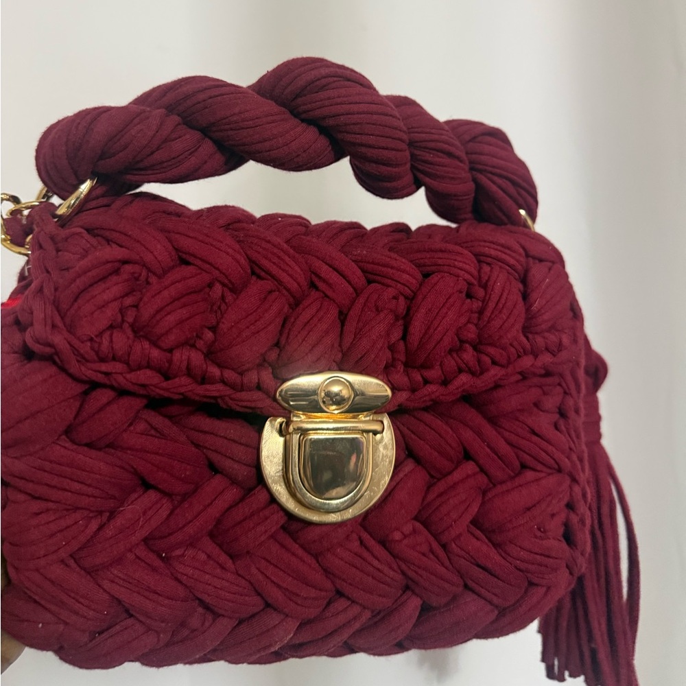 Handwoven Burgundy Knit Top-Handle Bag with Gold Hardware